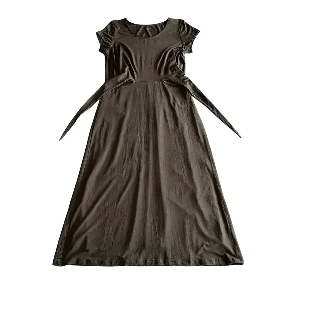 Garnet Hill Tencel Blend Draped Tie Front Short Sleeve‎ Maxi Grey Brown Dress M